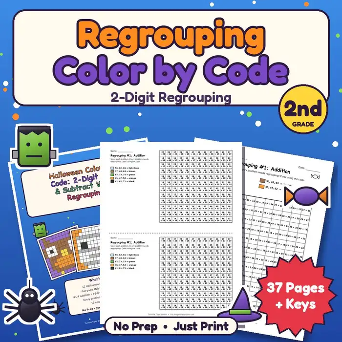 Halloween Color by Code: 2-Digit Add & Subtract With Regrouping preview
