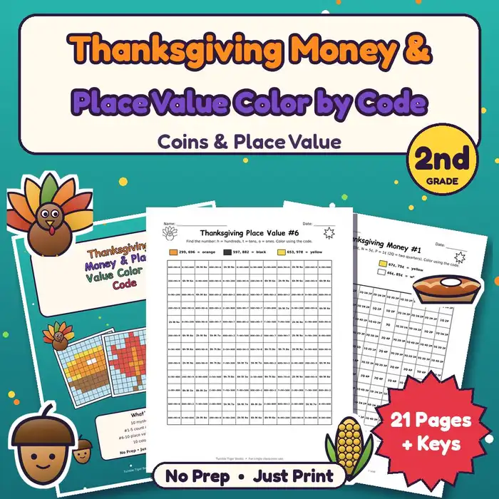 Thanksgiving Money & Place Value Color by Code preview