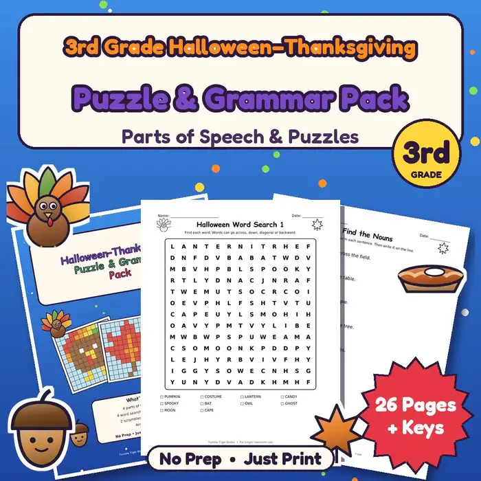 3rd Grade Halloween–Thanksgiving Puzzle & Grammar Pack preview