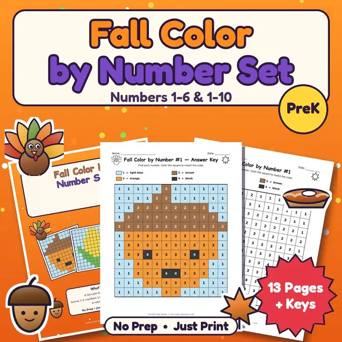 Fall Color by Number Set, PreK (6 scenes) preview